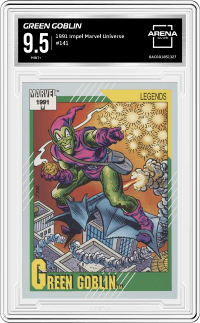 Green Goblin from the 1991 Impel Marvel Universe set graded by Arena Club and given an overall grade of 9.5.