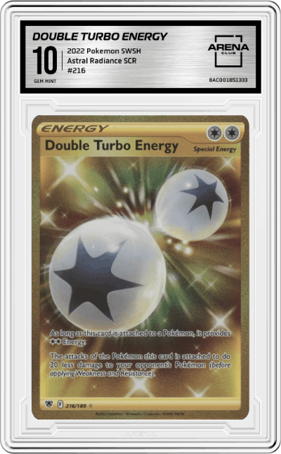 Double Turbo Energy from the 2022 Pokemon SWSH set graded by Arena Club and given an overall grade of 10.