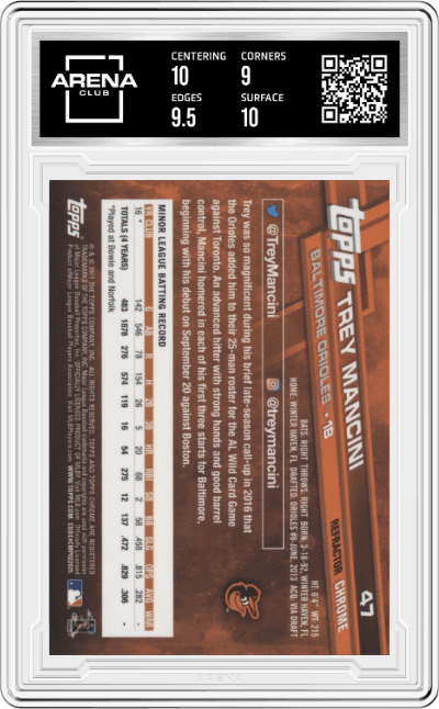 Trey Mancini from the 2017 Topps Chrome set featuring a X-Fractor parallel graded by Arena Club and given an overall grade of 9.5.