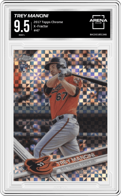 Trey Mancini from the 2017 Topps Chrome set featuring a X-Fractor parallel graded by Arena Club and given an overall grade of 9.5.