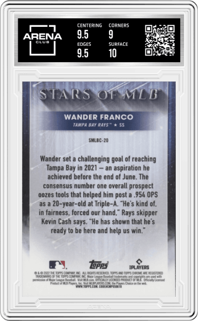 Wander Franco from the 2022 Topps   set graded by Arena Club and given an overall grade of 9.5.