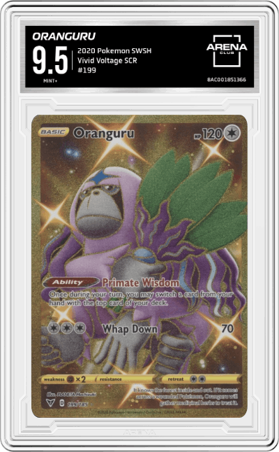  Oranguru from the 2020 Pokemon SWSH set graded by Arena Club and given an overall grade of 9.5.