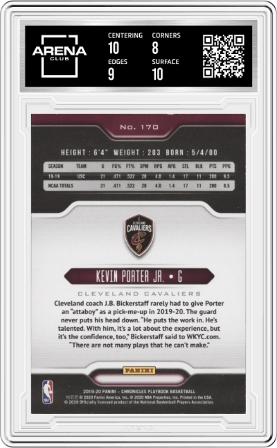 Kevin Porter Jr. from the 2019-20 Panini Chronicles  set graded by Arena Club and given an overall grade of 8.5.