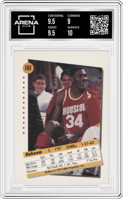 Hakeem Olajuwon from the 1991-92 Skybox set graded by Arena Club and given an overall grade of 9.5.