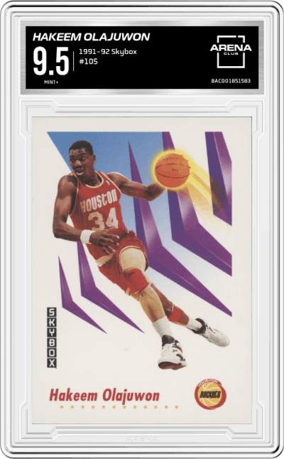 Hakeem Olajuwon from the 1991-92 Skybox set graded by Arena Club and given an overall grade of 9.5.