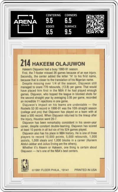 Hakeem Olajuwon from the 1991-92 Fleer set graded by Arena Club and given an overall grade of 7.