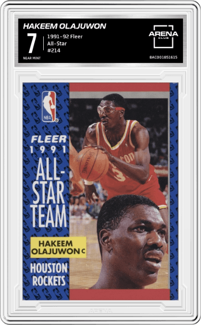 Hakeem Olajuwon from the 1991-92 Fleer set graded by Arena Club and given an overall grade of 7.