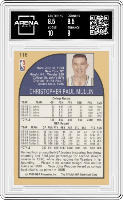Chris Mullin from the 1990-91 NBA Hoops set graded by Arena Club and given an overall grade of 9.
