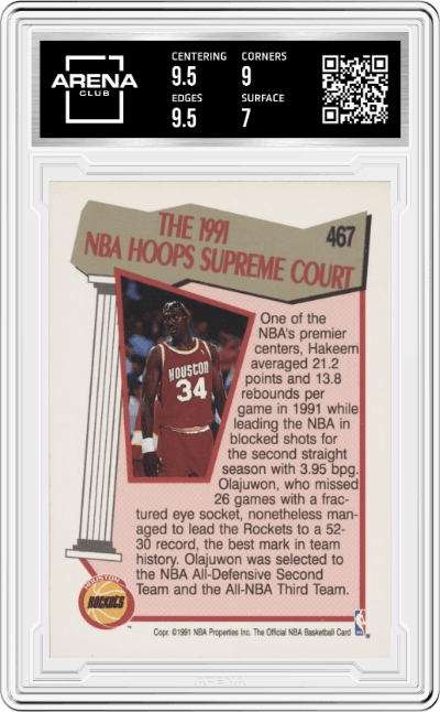 Hakeem Olajuwon from the 1991-92 NBA Hoops set graded by Arena Club and given an overall grade of 7.5.