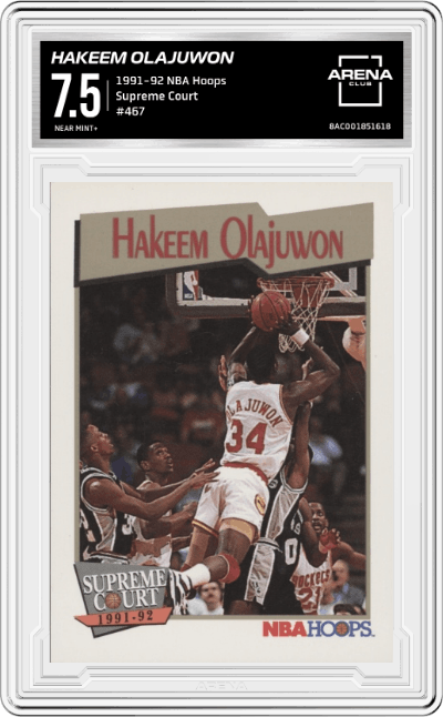 Hakeem Olajuwon from the 1991-92 NBA Hoops set graded by Arena Club and given an overall grade of 7.5.