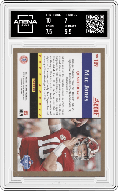 Mac Jones from the 2021 Panini Score set graded by Arena Club and given an overall grade of 6.