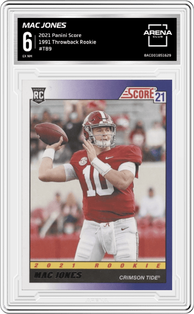 Mac Jones from the 2021 Panini Score set graded by Arena Club and given an overall grade of 6.