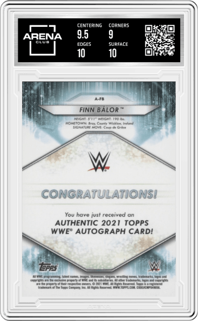 Finn Bálor from the 2021 Topps WWE  set featuring a Orange parallel graded by Arena Club and given an overall grade of 9.5.