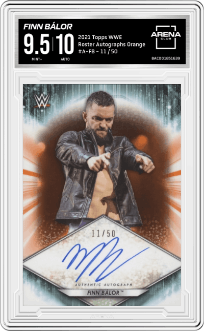 Finn Bálor from the 2021 Topps WWE  set featuring a Orange parallel graded by Arena Club and given an overall grade of 9.5.