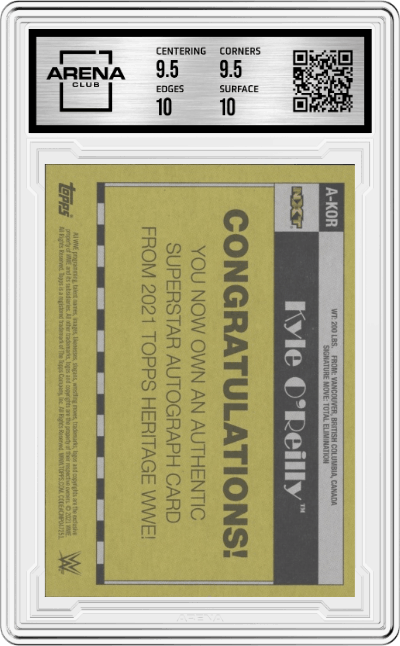 Kyle O' Reilly from the 2021 Topps WWE Heritage  set graded by Arena Club and given an overall grade of 10.