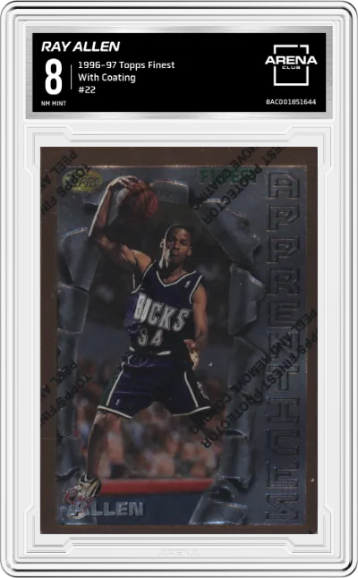 Ray Allen from the 1996-97 Topps Finest Basketball set featuring a With Coating parallel graded by Arena Club and given an overall grade of 8.