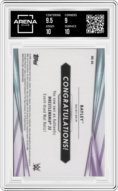 Bayley from the 2021 Topps WWE  set featuring a Light Green parallel graded by Arena Club and given an overall grade of 9.5.