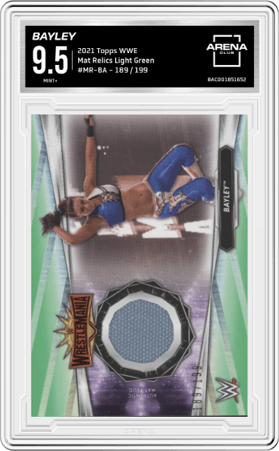 Bayley from the 2021 Topps WWE  set featuring a Light Green parallel graded by Arena Club and given an overall grade of 9.5.