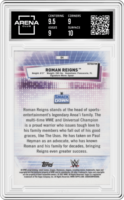Roman Reigns from the 2021 Topps Chrome WWE Wrestling set featuring a Refractor parallel graded by Arena Club and given an overall grade of 9.5.