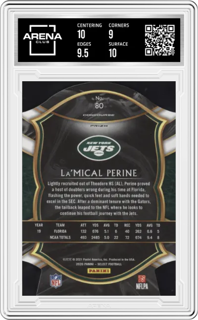 La'Mical Perine from the 2020 Panini Select set featuring a Die-Cut Red Prizm parallel graded by Arena Club and given an overall grade of 9.5.