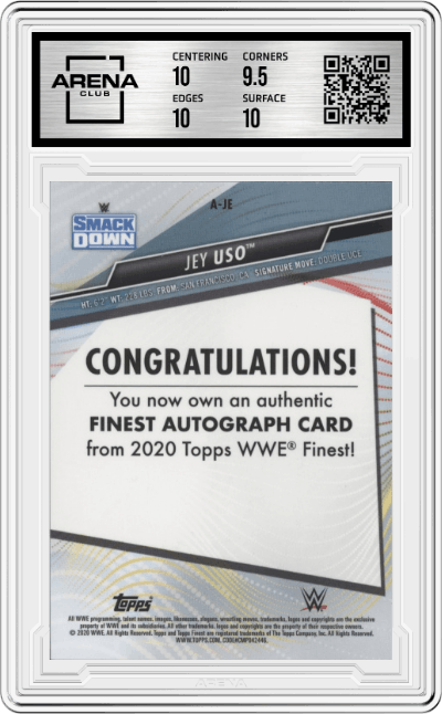 Jey Uso from the 2020 Topps Finest WWE Wrestling set graded by Arena Club and given an overall grade of 10.