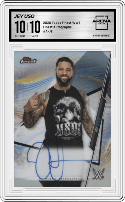 Jey Uso from the 2020 Topps Finest WWE Wrestling set graded by Arena Club and given an overall grade of 10.