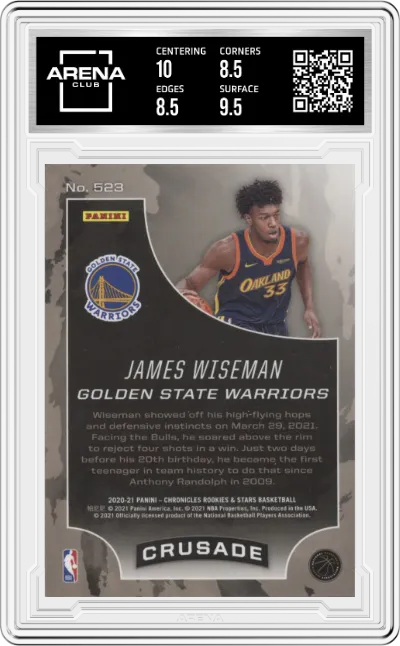 James Wiseman from the 2020-21 Panini Chronicles set graded by Arena Club and given an overall grade of 9.