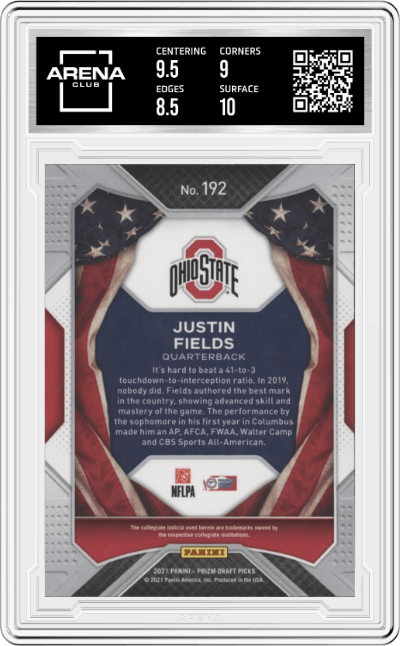 Justin Fields from the 2021 Panini Prizm Draft Picks set featuring a Prizm parallel graded by Arena Club and given an overall grade of 9.