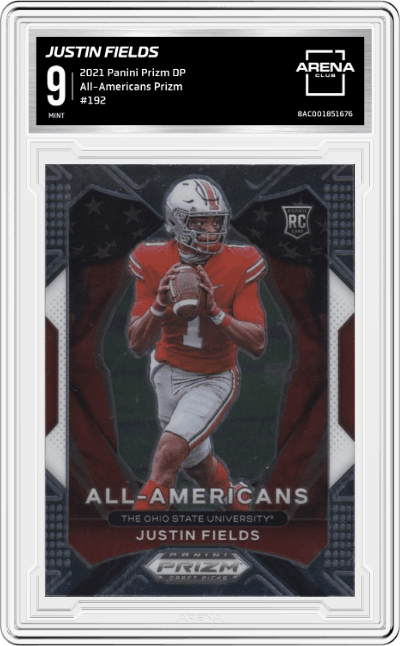 Justin Fields from the 2021 Panini Prizm Draft Picks set featuring a Prizm parallel graded by Arena Club and given an overall grade of 9.