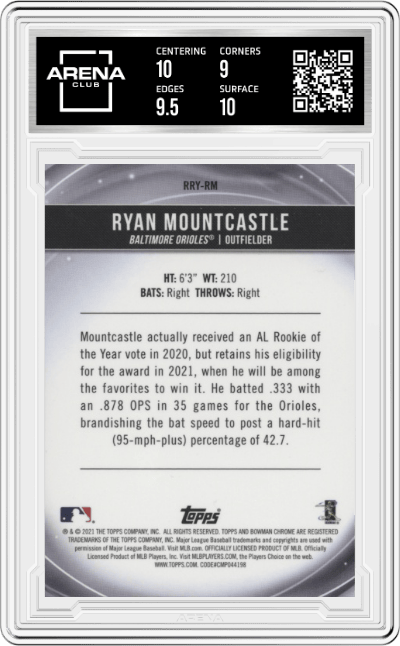 Ryan Mountcastle from the 2021 Bowman Chr. Mega  set featuring a Throwing parallel graded by Arena Club and given an overall grade of 9.5.