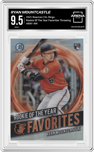 Ryan Mountcastle from the 2021 Bowman Chr. Mega  set featuring a Throwing parallel graded by Arena Club and given an overall grade of 9.5.