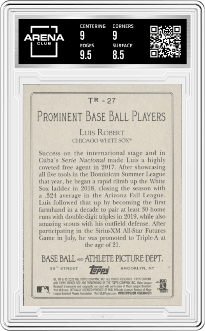 Luis Robert from the 2020 Topps Update  set graded by Arena Club and given an overall grade of 9.
