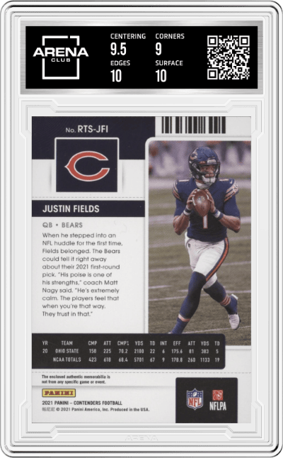 Justin Fields from the 2021 Panini Contenders   set graded by Arena Club and given an overall grade of 9.5.