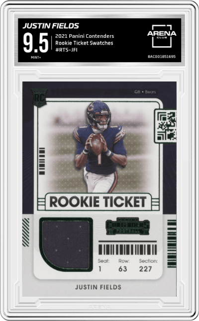 Justin Fields from the 2021 Panini Contenders   set graded by Arena Club and given an overall grade of 9.5.