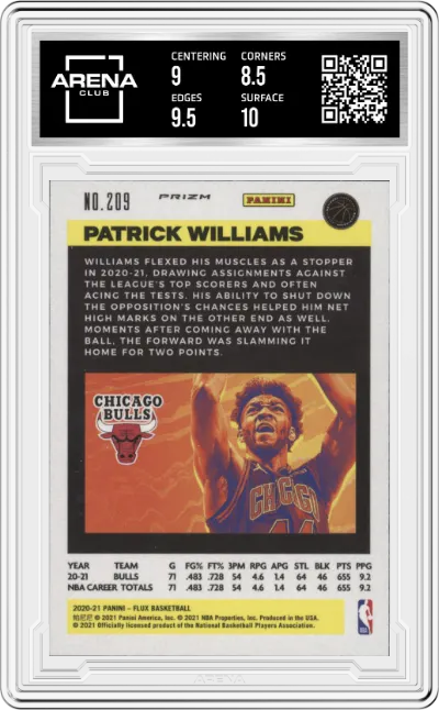Patrick Williams from the 2020-21 Panini Flux set featuring a Laser Prizm parallel graded by Arena Club and given an overall grade of 9.