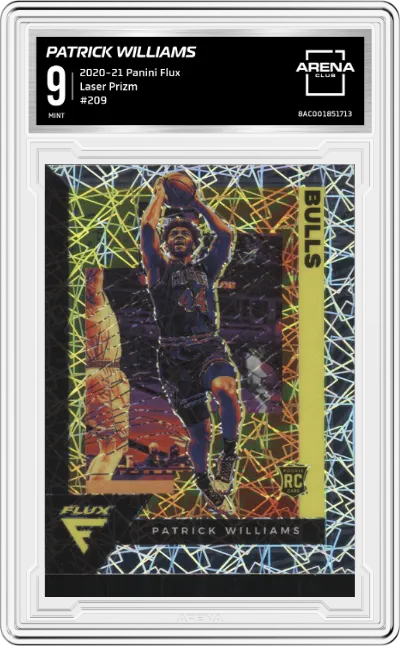 Patrick Williams from the 2020-21 Panini Flux set featuring a Laser Prizm parallel graded by Arena Club and given an overall grade of 9.