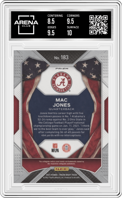 Mac Jones from the 2021 Panini Prizm Draft Picks set featuring a Orange Ice Prizm parallel graded by Arena Club and given an overall grade of 9.