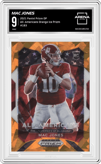Mac Jones from the 2021 Panini Prizm Draft Picks set featuring a Orange Ice Prizm parallel graded by Arena Club and given an overall grade of 9.