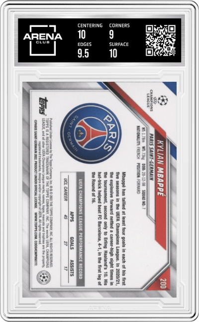 Kylian Mbappé from the 2021-22 Topps UEFA CL set graded by Arena Club and given an overall grade of 9.5.