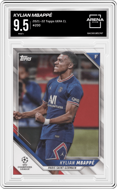 Kylian Mbappé from the 2021-22 Topps UEFA CL set graded by Arena Club and given an overall grade of 9.5.