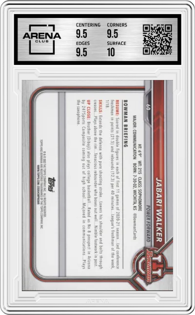 Jabari Walker from the 2021-22 Bowman University Basketball set graded by Arena Club and given an overall grade of 10.