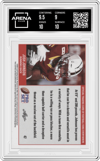 Josh Johnson from the 2021 Leaf Pro Set Metal set featuring a Pink Crystals parallel graded by Arena Club and given an overall grade of 9.5.
