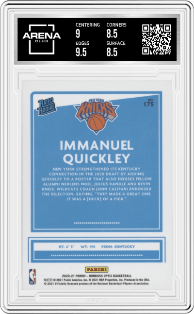 Immanuel Quickley from the 2020-21 Panini Donruss Optic set graded by Arena Club and given an overall grade of 9.