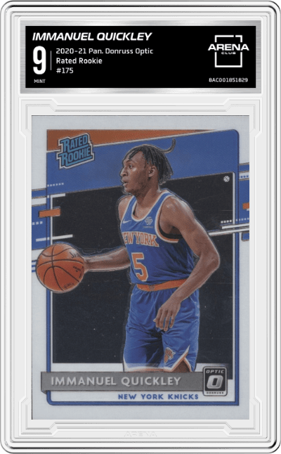 Immanuel Quickley from the 2020-21 Panini Donruss Optic set graded by Arena Club and given an overall grade of 9.