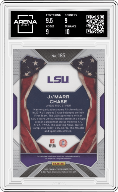 Ja'Marr Chase from the 2021 Panini Prizm Draft Picks set graded by Arena Club and given an overall grade of 9.5.