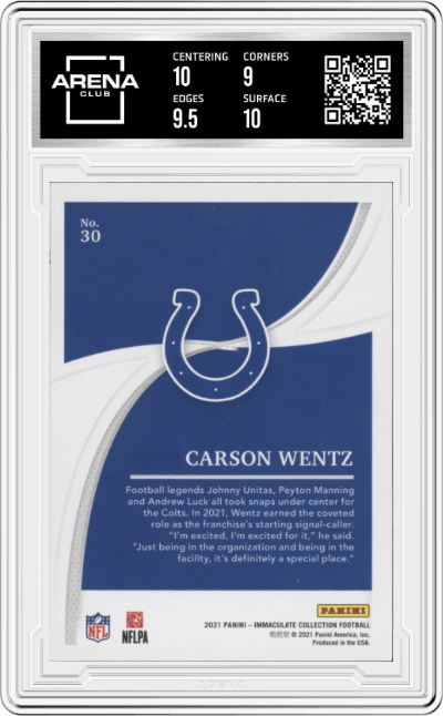 Carson Wentz from the 2021 Panini Immaculate Collection set graded by Arena Club and given an overall grade of 9.5.