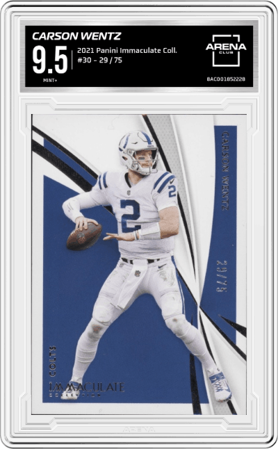 Carson Wentz from the 2021 Panini Immaculate Collection set graded by Arena Club and given an overall grade of 9.5.