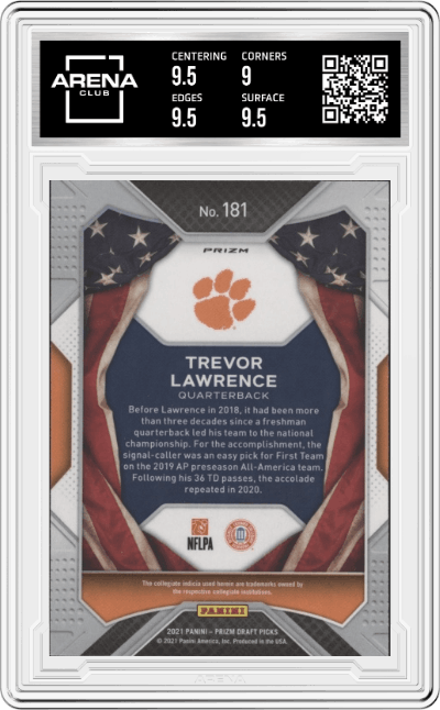 Trevor Lawrence from the 2021 Panini Prizm Draft Picks set featuring a Red/White/Blue Prizm parallel graded by Arena Club and given an overall grade of 9.5.