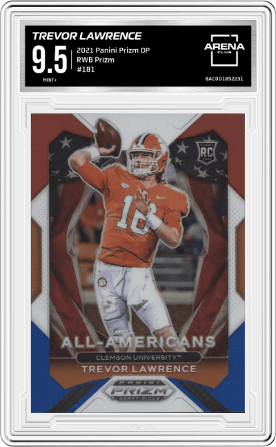 Trevor Lawrence from the 2021 Panini Prizm Draft Picks set featuring a Red/White/Blue Prizm parallel graded by Arena Club and given an overall grade of 9.5.