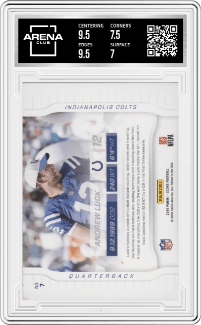 Andrew Luck from the 2016 Panini Score set graded by Arena Club and given an overall grade of 7.5.